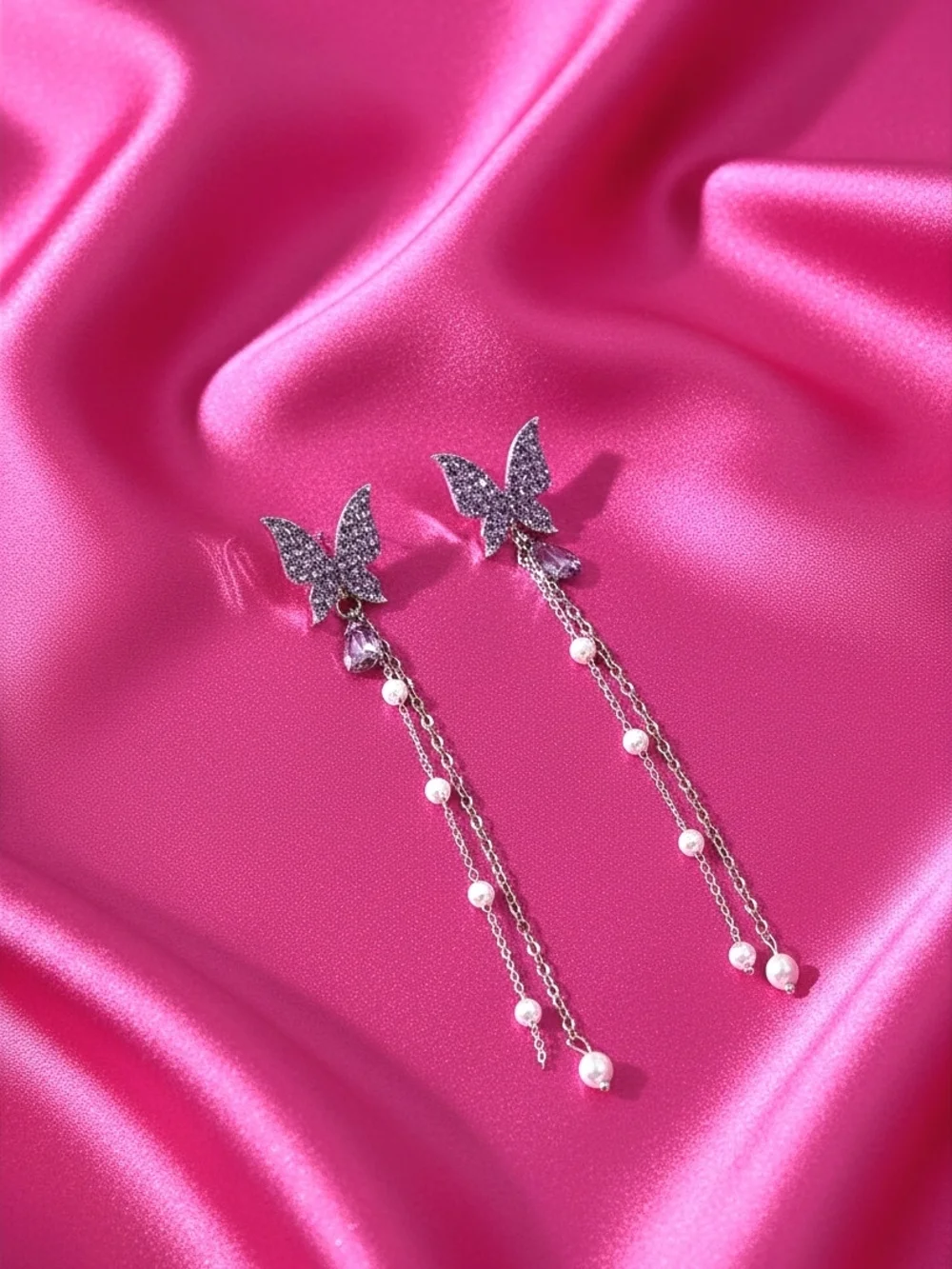 Dainty Silvertone‎ Butterfly Drop Earrings with Pearls - Pink